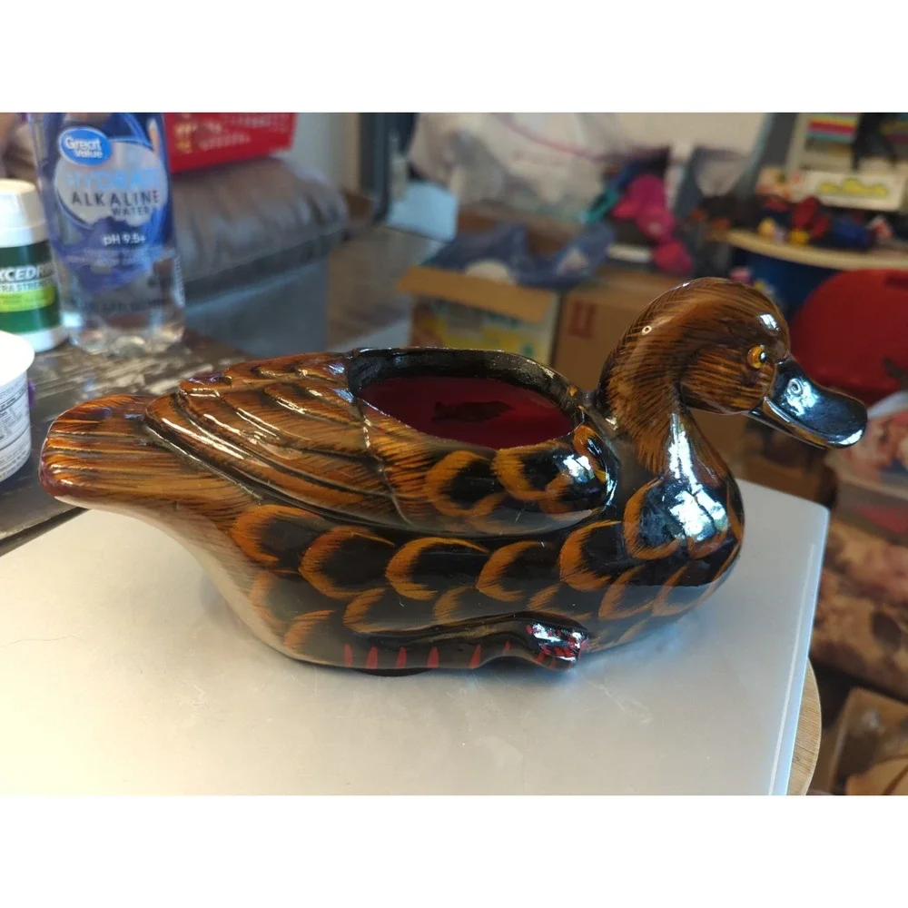 Vintage 1993 Holland Floral Ceramic Oriental Duck Planter Mallard Duck